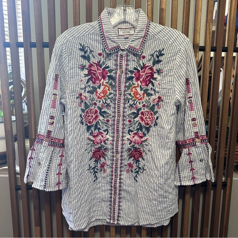 Johnny Was White Stripe Button-Down Shirt with Embroidery Arie Flute Sleeves